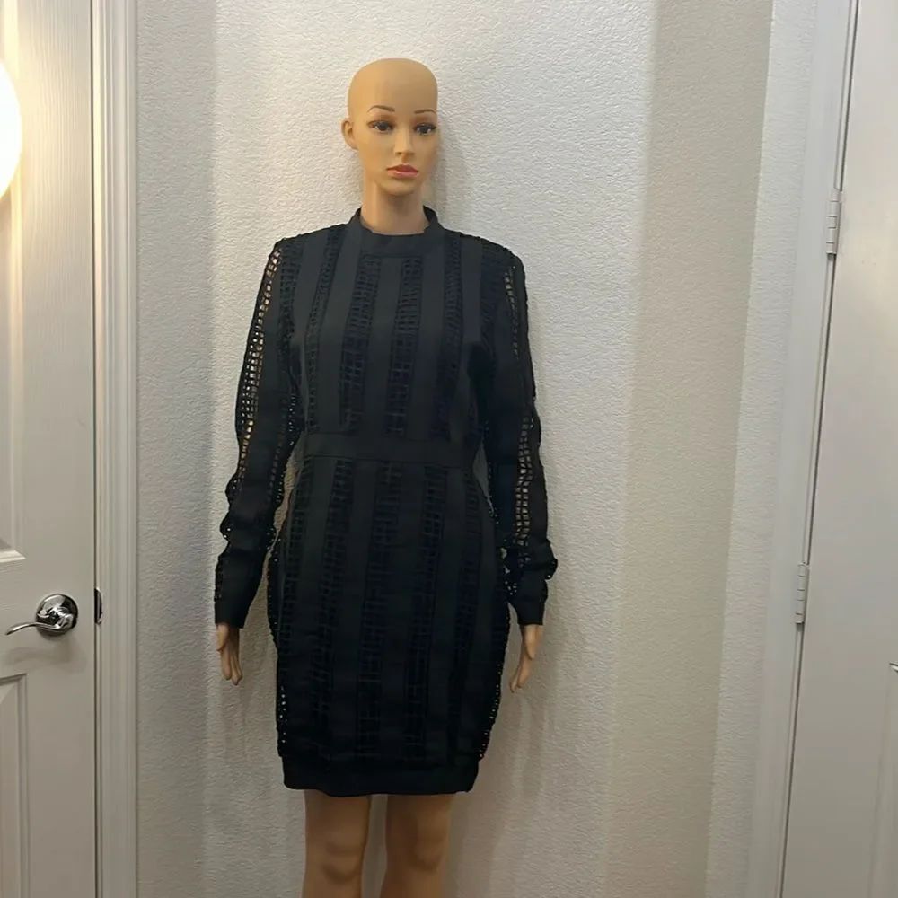 Fashion Nova Dress Sz XLarge Black High Neck Long Sleeve Midi Cutout Stretchy